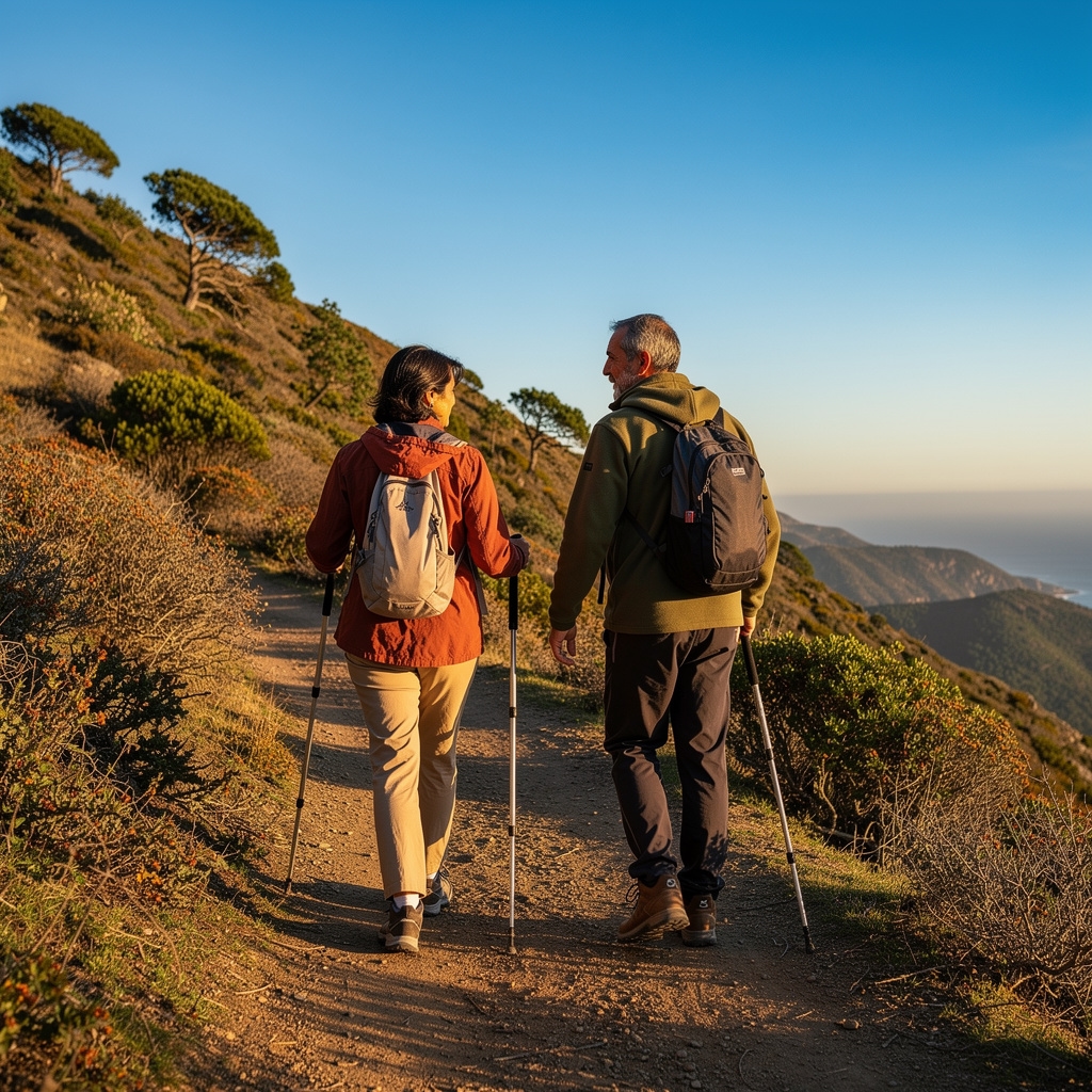 Pareja de adultos mayores caminando en sendero de cerro con vegetación